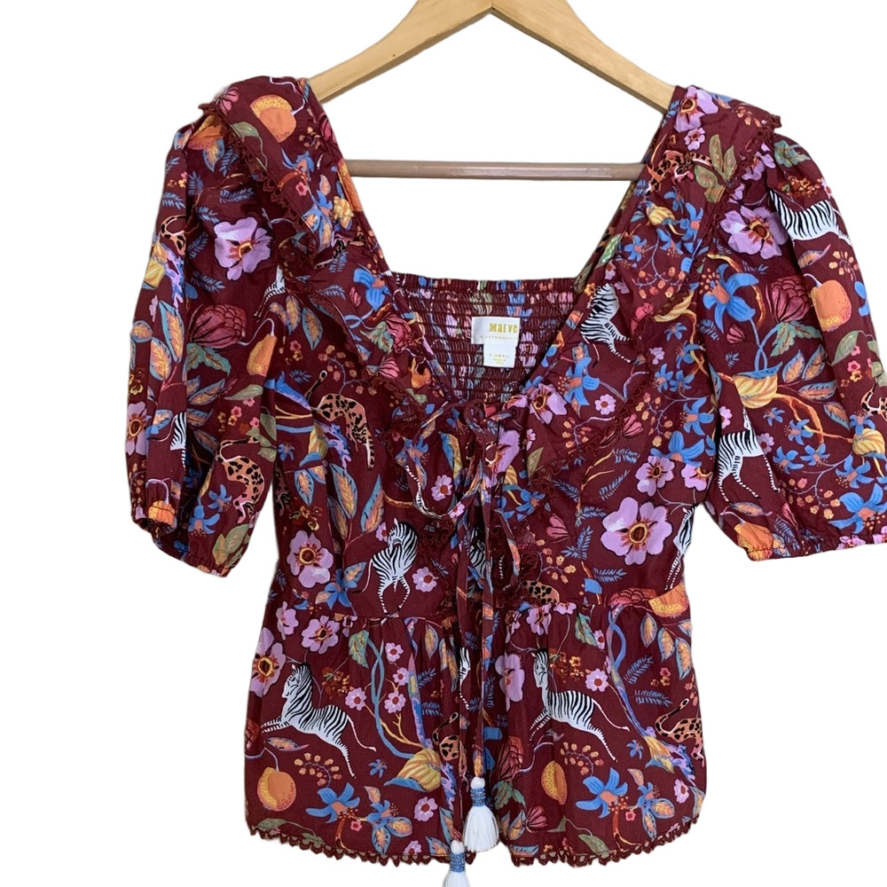 Maeve by Anthropologie Ruffled Top XS Women's Tie-Front Safari Animal Print